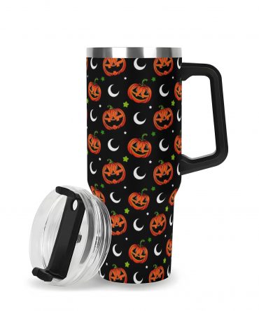 Spooky Pumpkin Travel Mug - Insulated Halloween Tumbler with Handle & Lid