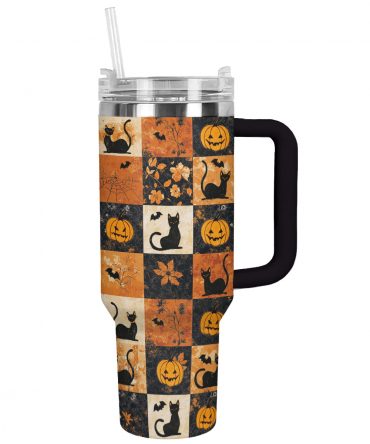 Spooky Halloween Cat & Pumpkin Tumbler with Straw - 40oz