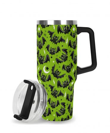 Spooky Bat Pattern Travel Mug - Insulated, Leak-Proof, Perfect for Halloween Fans