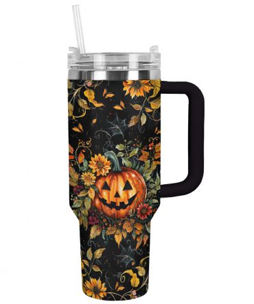 Halloween Pumpkin Tumbler with Straw - Festive Autumn Floral Design