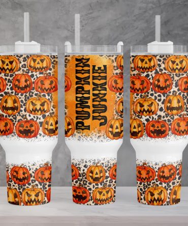 Pumpkin Junkie Halloween Tumbler with Lid and Straw - Spooky Jack-O-Lantern Design