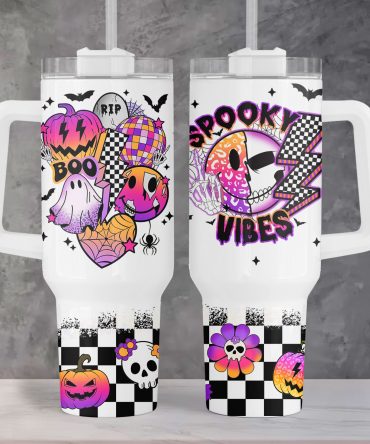 Spooky Vibes Halloween Tumbler with Straw - Fun Ghost & Pumpkin Design