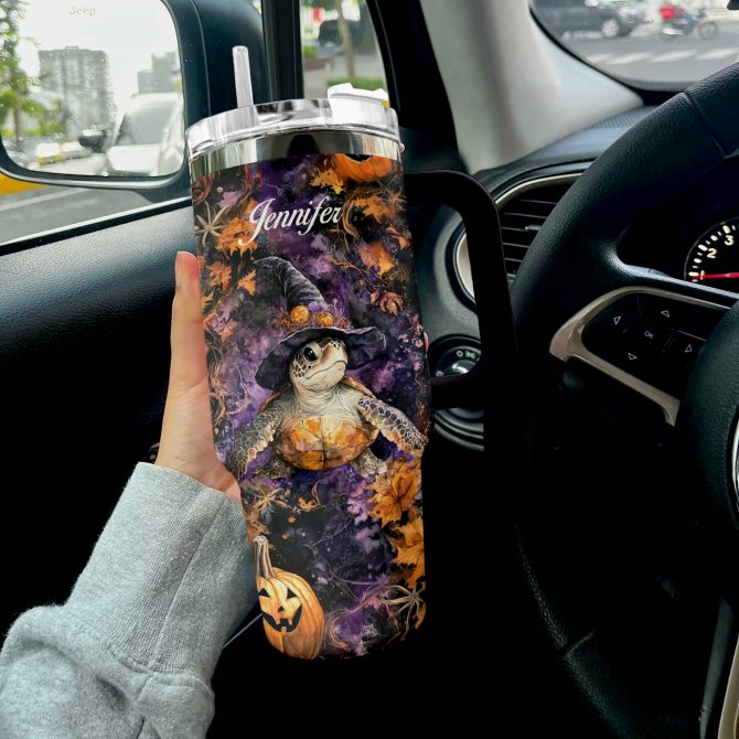 Personalized Halloween Turtle Tumbler with Handle – Custom Name & Spooky Design - Image 3