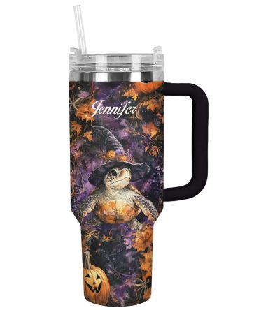 Personalized Halloween Turtle Tumbler with Handle – Custom Name & Spooky Design
