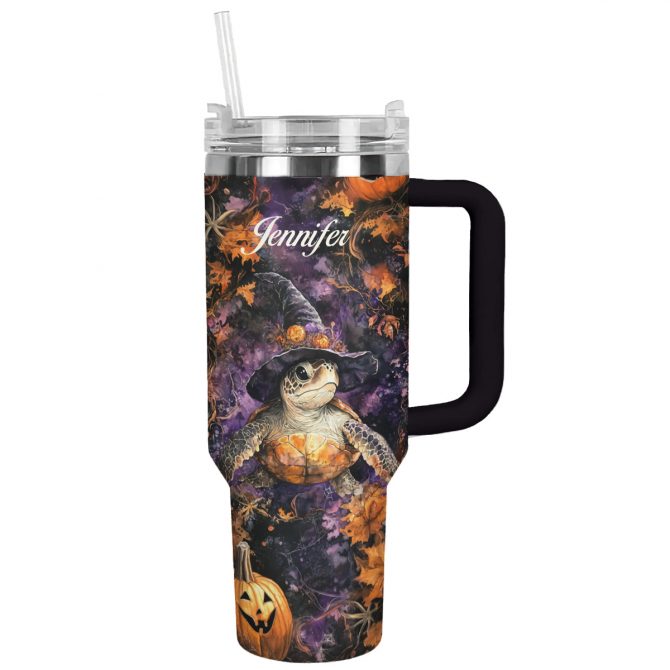 Personalized Halloween Turtle Tumbler with Handle – Custom Name & Spooky Design