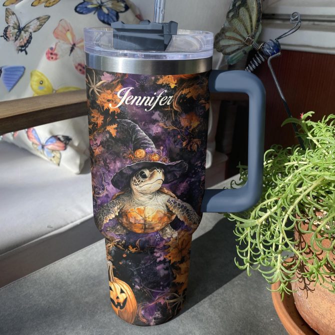 Personalized Halloween Turtle Tumbler with Handle – Custom Name & Spooky Design - Image 2