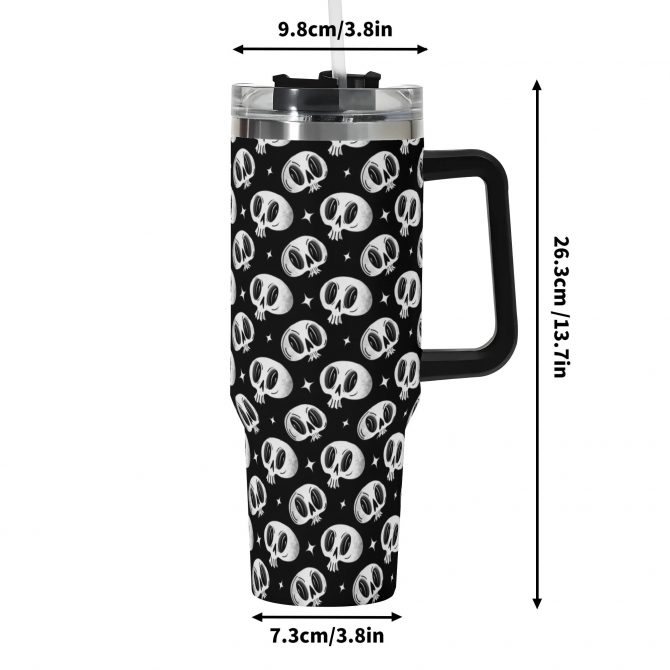 Skull Print Travel Mug with Handle - 40oz Insulated Tumbler with Straw Lid - Image 6