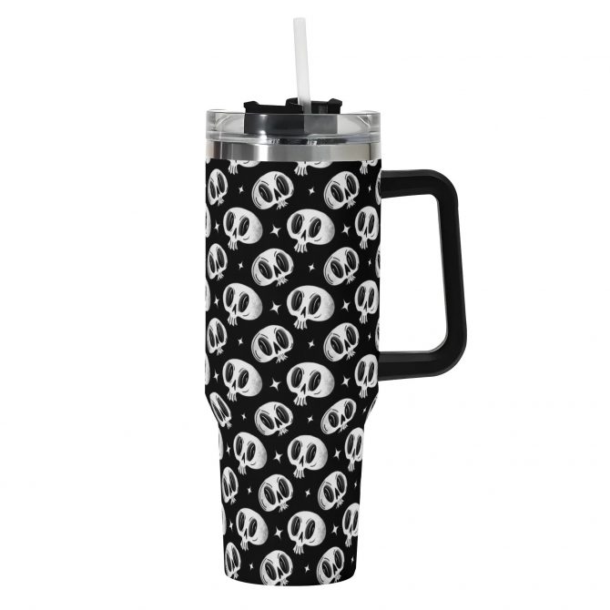 Skull Print Travel Mug with Handle - 40oz Insulated Tumbler with Straw Lid