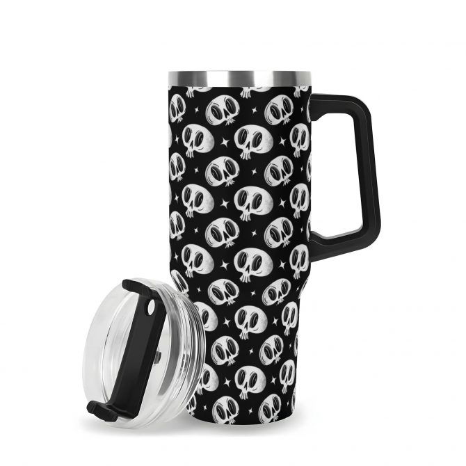 Skull Print Travel Mug with Handle - 40oz Insulated Tumbler with Straw Lid - Image 3