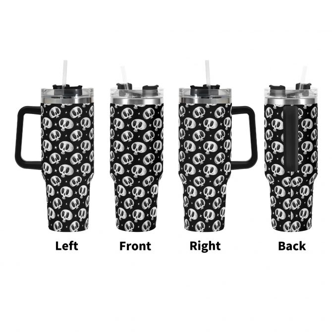 Skull Print Travel Mug with Handle - 40oz Insulated Tumbler with Straw Lid - Image 2