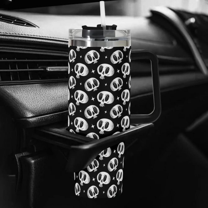 Skull Print Travel Mug with Handle - 40oz Insulated Tumbler with Straw Lid - Image 5