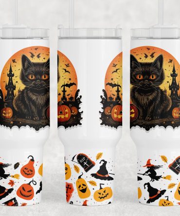 Spooky Cat Halloween Tumbler - 40oz Insulated Cup with Handle & Straw