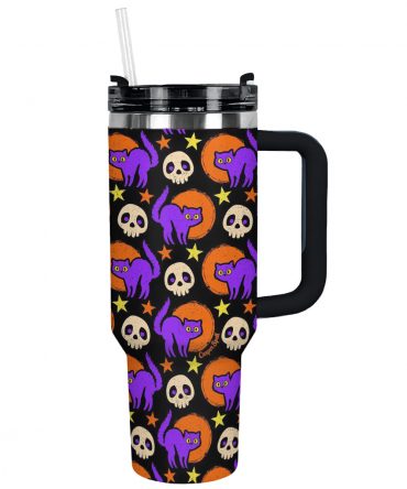 Halloween Cat & Skull Tumbler with Straw - Spooky & Stylish 40oz Mug