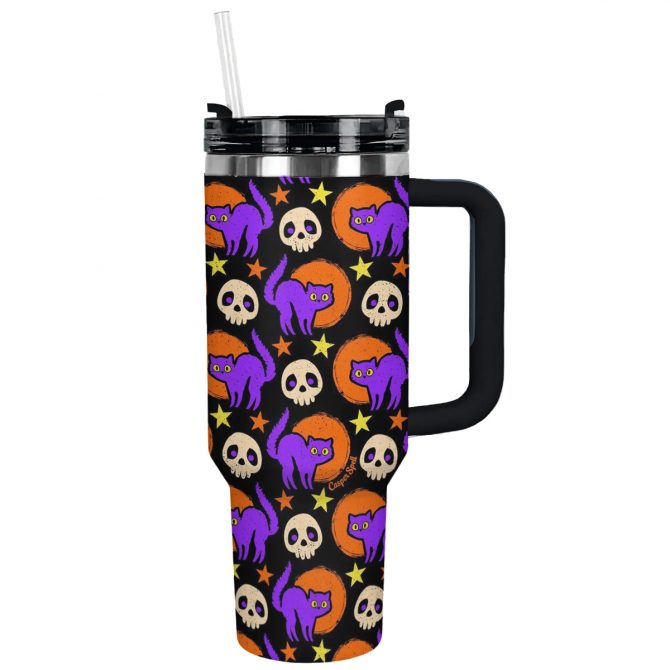 Halloween Cat & Skull Tumbler with Straw - Spooky & Stylish 40oz Mug