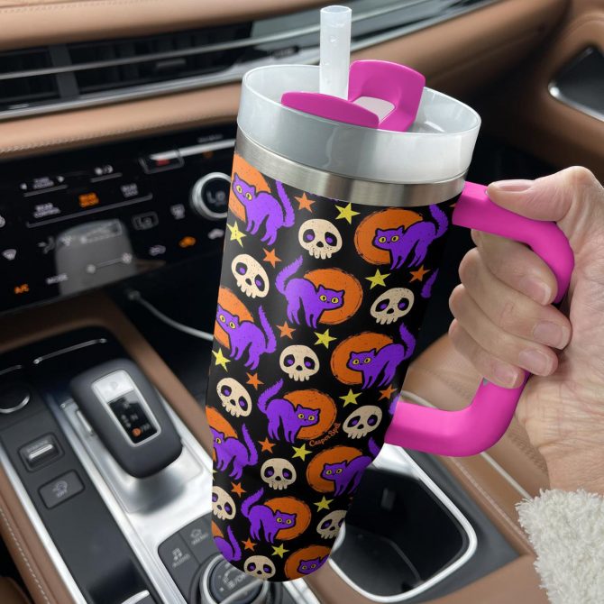 Halloween Cat & Skull Tumbler with Straw - Spooky & Stylish 40oz Mug - Image 3