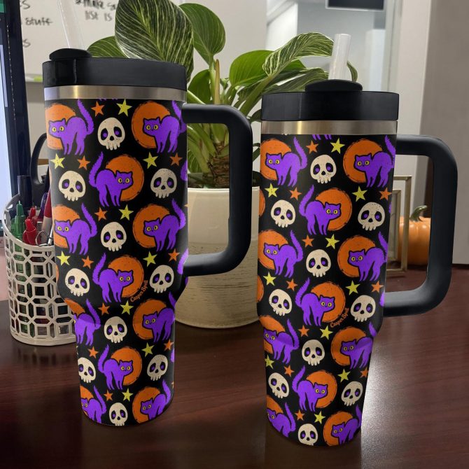 Halloween Cat & Skull Tumbler with Straw - Spooky & Stylish 40oz Mug - Image 2