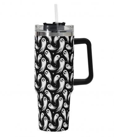 Spooky Ghost Pattern Tumbler with Handle - 40oz Insulated Drinkware