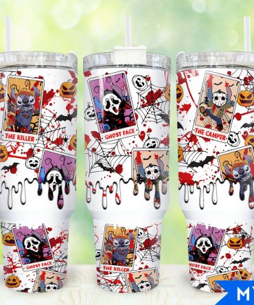 Spooky Design Tumbler with Handle & Straw - Halloween Horror Characters