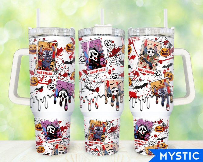 Spooky Design Tumbler with Handle & Straw - Halloween Horror Characters