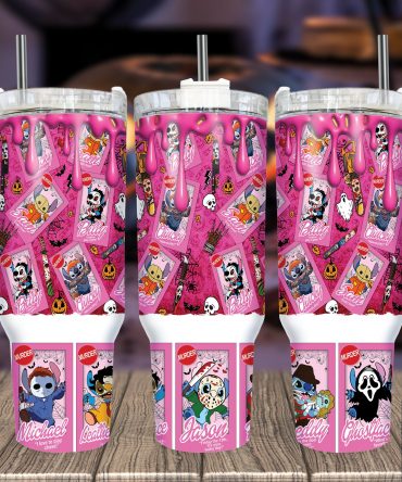 Spooky Cartoon Horror Character Tumbler with Handle & Straw - Pink Drip Design