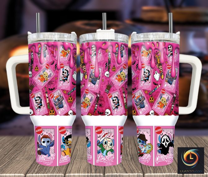Spooky Cartoon Horror Character Tumbler with Handle & Straw - Pink Drip Design