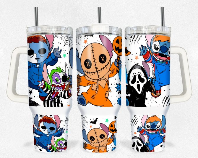Colorful Halloween-Themed Tumbler with Fun Characters