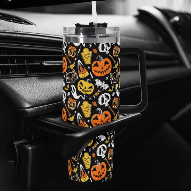 Halloween-Themed Insulated Travel Mug with Lid - Spooky Pumpkin Design - Image 5
