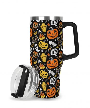 Halloween-Themed Insulated Travel Mug with Lid - Spooky Pumpkin Design