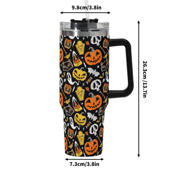 Halloween-Themed Insulated Travel Mug with Lid - Spooky Pumpkin Design - Image 6