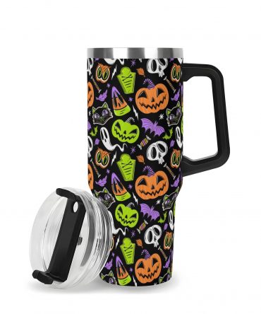 Spooky Halloween Travel Mug with Lid - Pumpkin & Skull Design