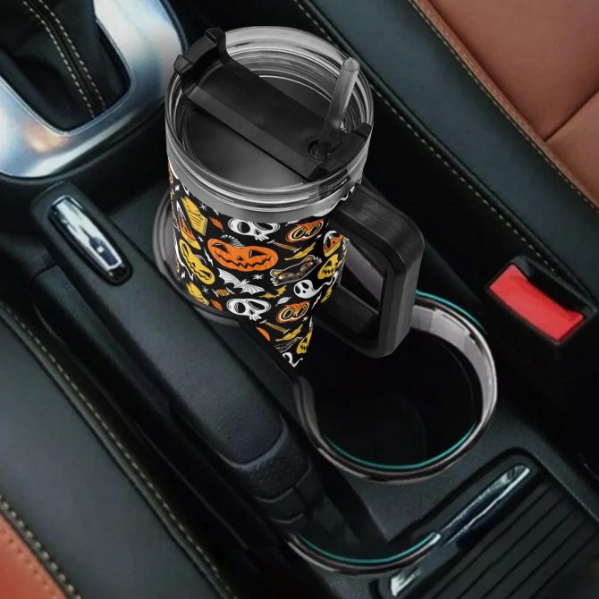 Halloween-Themed Insulated Travel Mug with Lid - Spooky Pumpkin Design - Image 4