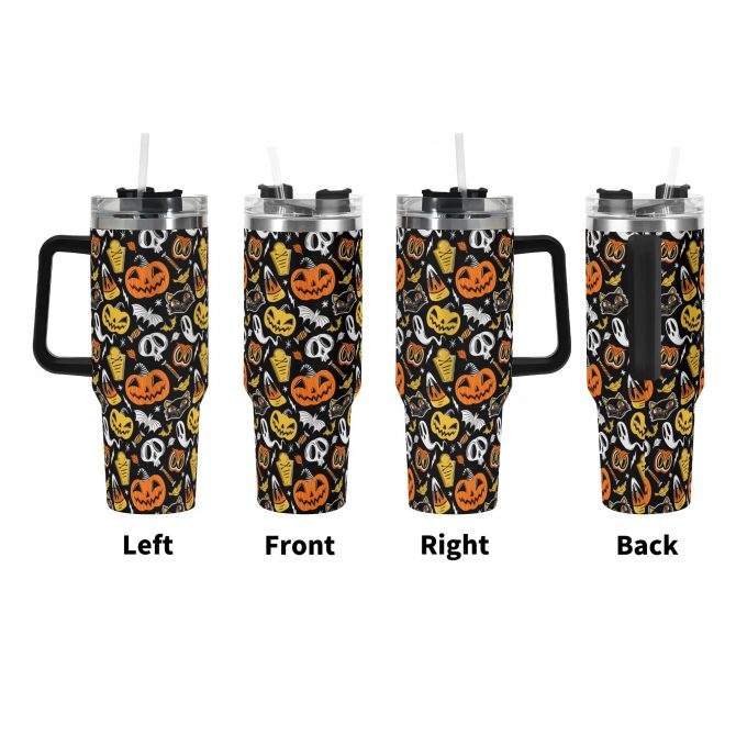 Halloween-Themed Insulated Travel Mug with Lid - Spooky Pumpkin Design - Image 3