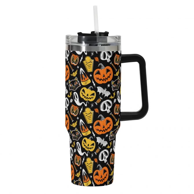 Halloween-Themed Insulated Travel Mug with Lid - Spooky Pumpkin Design - Image 2
