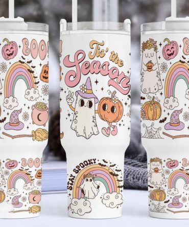 Spooky Season Tumbler with Lid & Straw – Halloween Ghost & Pumpkin Design