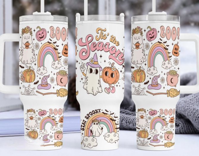 Spooky Season Tumbler with Lid & Straw – Halloween Ghost & Pumpkin Design