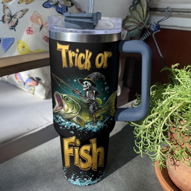 Halloween 'Trick or Fish' Skeleton Fishing Tumbler - 40oz Insulated Mug - Image 3