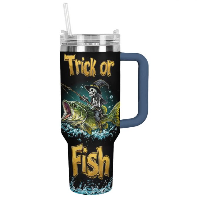 Halloween 'Trick or Fish' Skeleton Fishing Tumbler - 40oz Insulated Mug