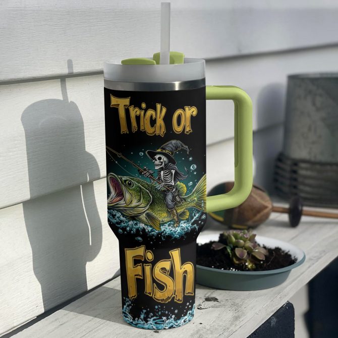 Halloween 'Trick or Fish' Skeleton Fishing Tumbler - 40oz Insulated Mug - Image 2