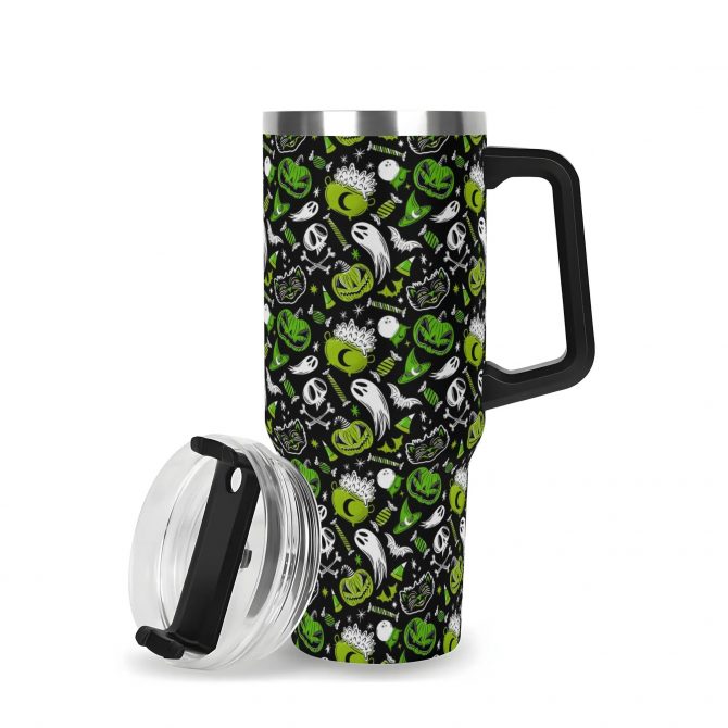 Spooky Halloween Travel Mug with Handle - 40oz Tumbler for Hot & Cold Drinks - Image 3