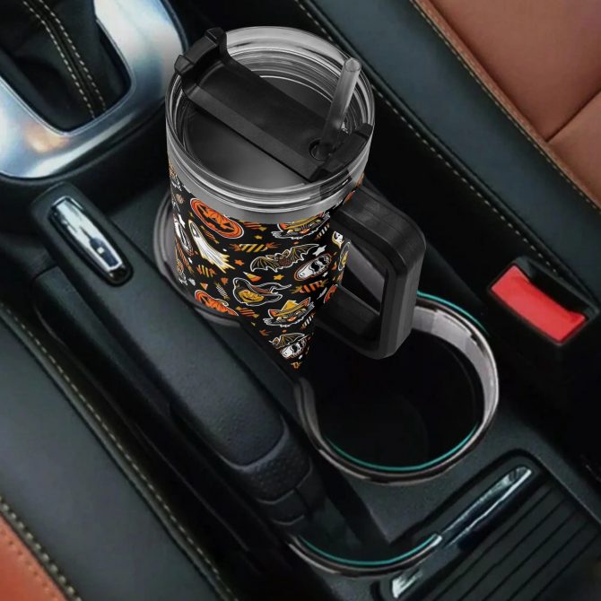 Spooky Halloween Travel Mug with Lid - Ghosts, Pumpkins & Cats Design - Image 4