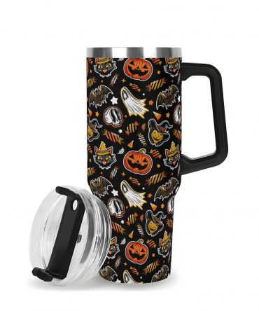 Spooky Halloween Travel Mug with Lid - Ghosts, Pumpkins & Cats Design