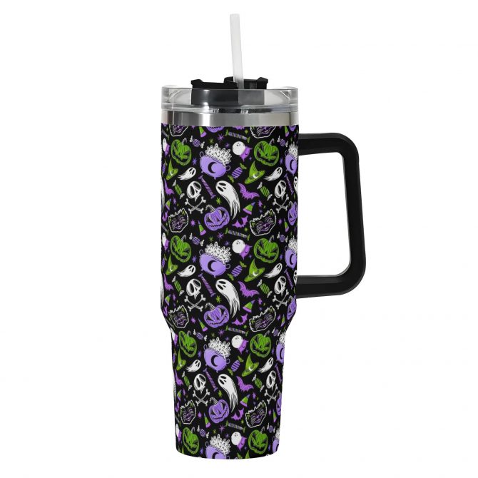 Halloween-Themed Travel Mug with Lid - Spooky Skulls & Pumpkins Design - Image 2