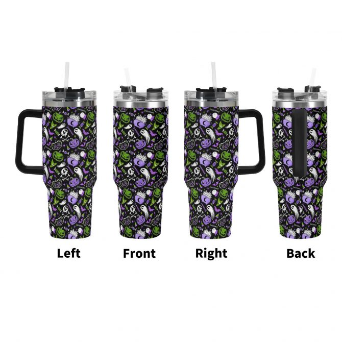 Halloween-Themed Travel Mug with Lid - Spooky Skulls & Pumpkins Design - Image 3