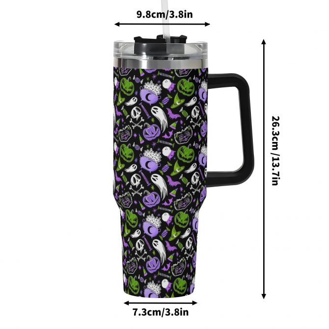 Halloween-Themed Travel Mug with Lid - Spooky Skulls & Pumpkins Design - Image 6