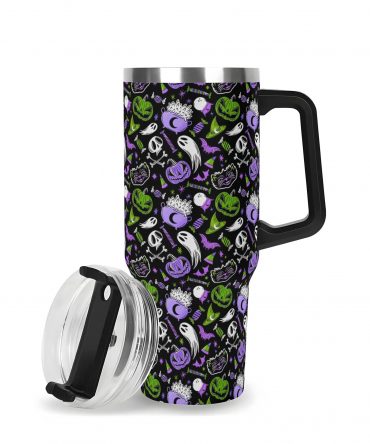 Halloween-Themed Travel Mug with Lid - Spooky Skulls & Pumpkins Design