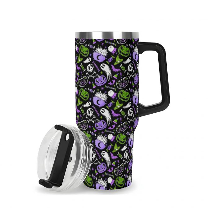 Halloween-Themed Travel Mug with Lid - Spooky Skulls & Pumpkins Design