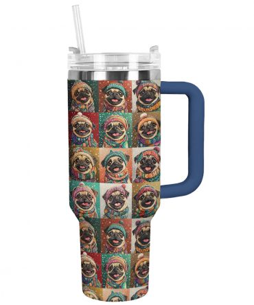 Happy Pug Christmas Custom Stanley Quencher 40oz Stainless Steel Tumbler With Handle