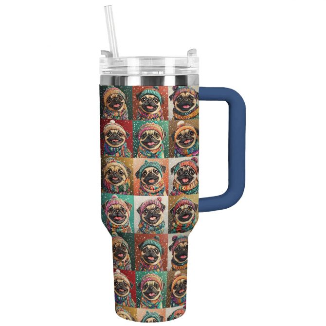 Happy Pug Christmas Custom Stanley Quencher 40oz Stainless Steel Tumbler With Handle