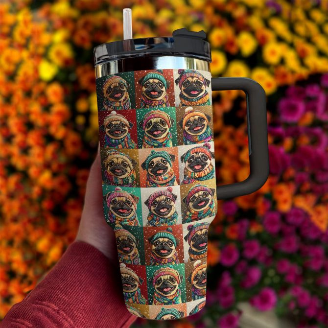 Happy Pug Christmas Custom Stanley Quencher 40oz Stainless Steel Tumbler With Handle - Image 3
