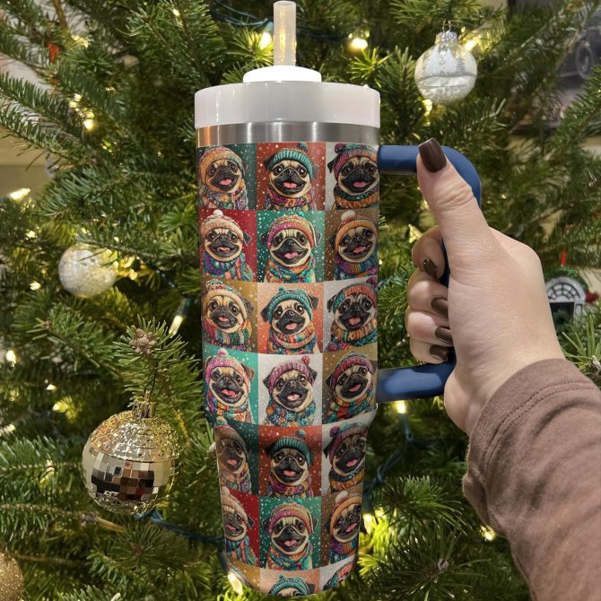 Happy Pug Christmas Custom Stanley Quencher 40oz Stainless Steel Tumbler With Handle - Image 2